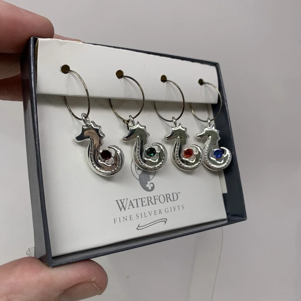2 Sets of WATERFORD Fine Silver Gifts Seahorse Wine Charms - Sea Horse 2002